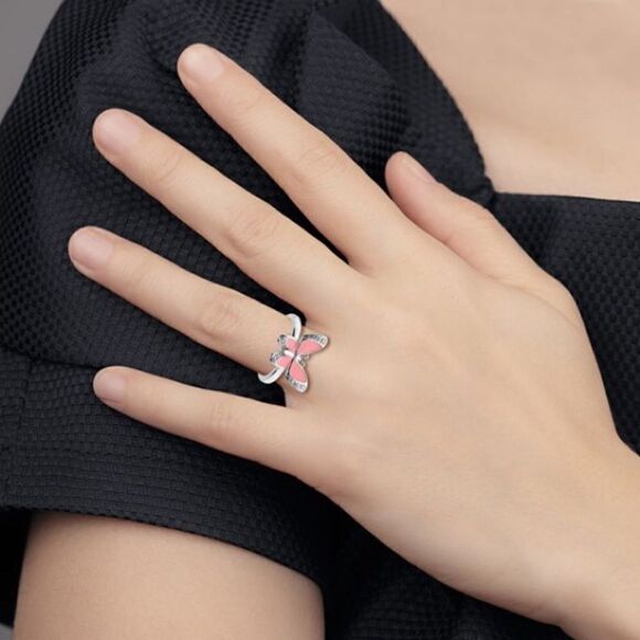 Sterling Silver Stackable Expressions Pink Enamel Butterfly Ring: - Picture 7 of 7